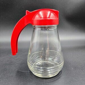 Vintage Androck Canada Syrup Pitcher Red Lid Restaurant Ware Glass Plastic Read